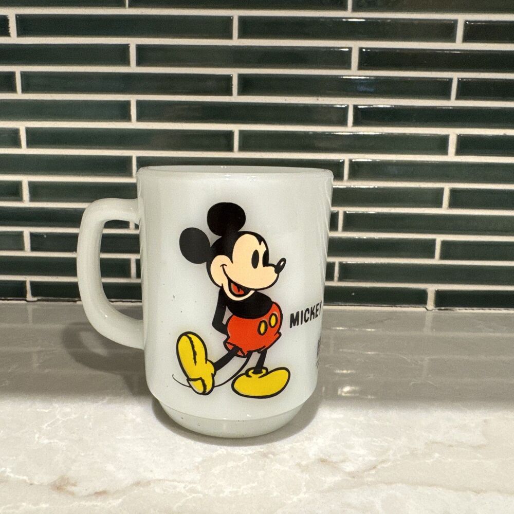 Vintage Anchor Hocking Disney Mickey Mouse White Milk Glass Mug